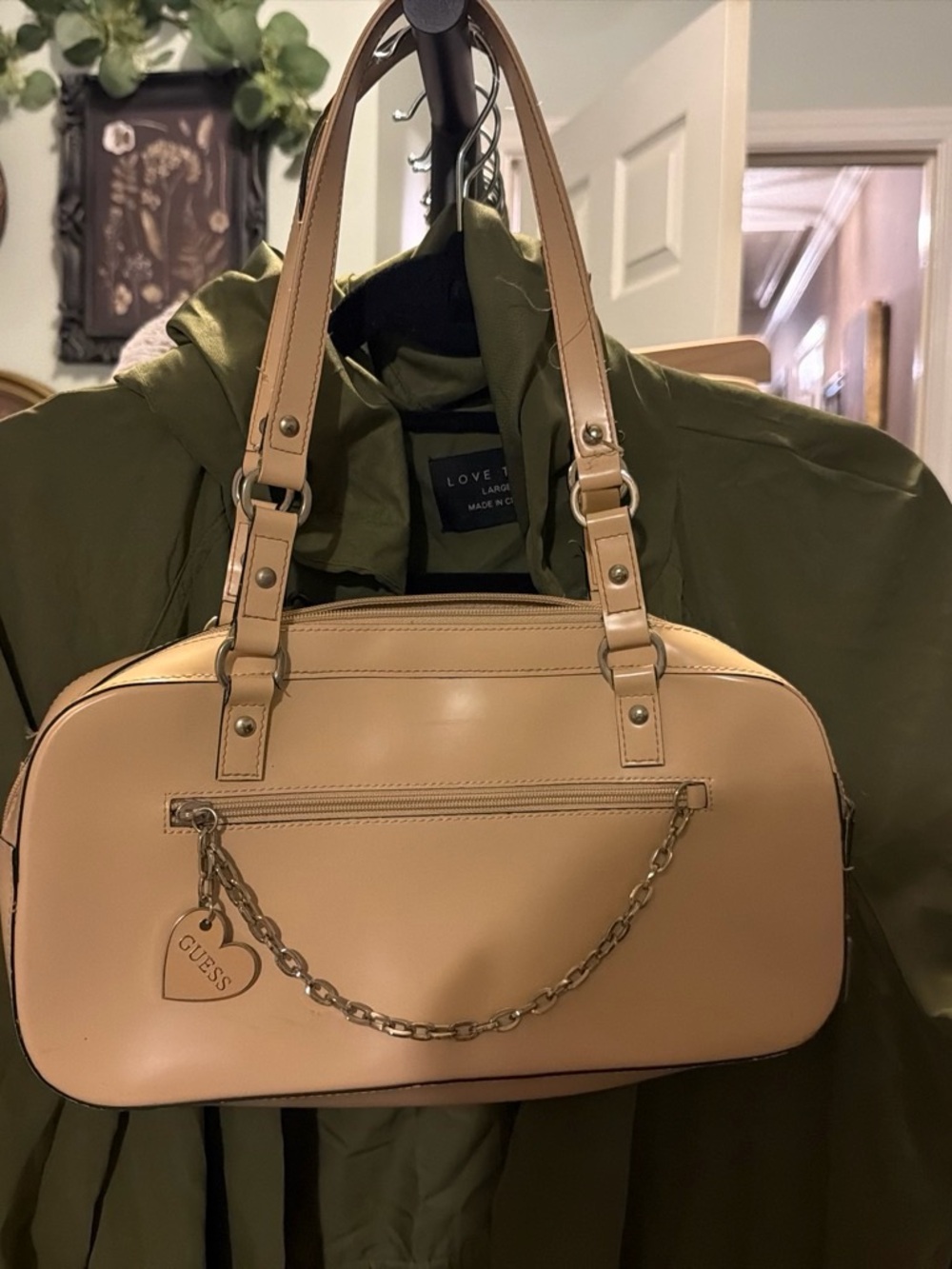 Guess Beige/Tan Leather Shoulder Bag with Heart Charm